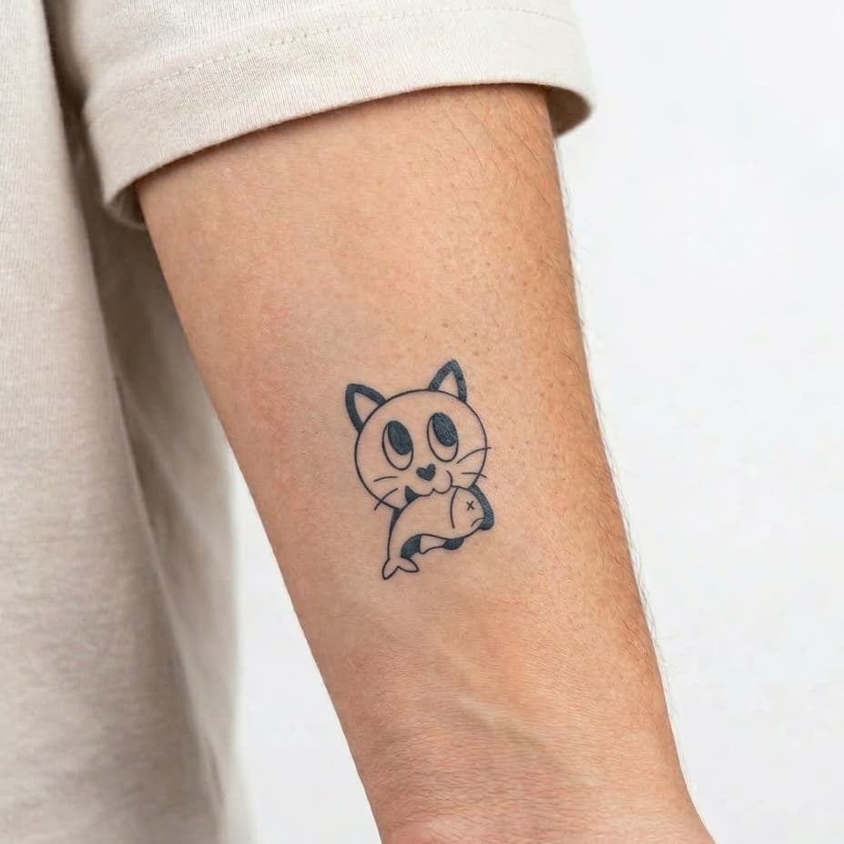 Tatouage chat kawai avec petit poisson dans la bouche