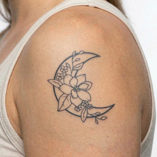 Tatouage ephemere lune avec fleur pour femme