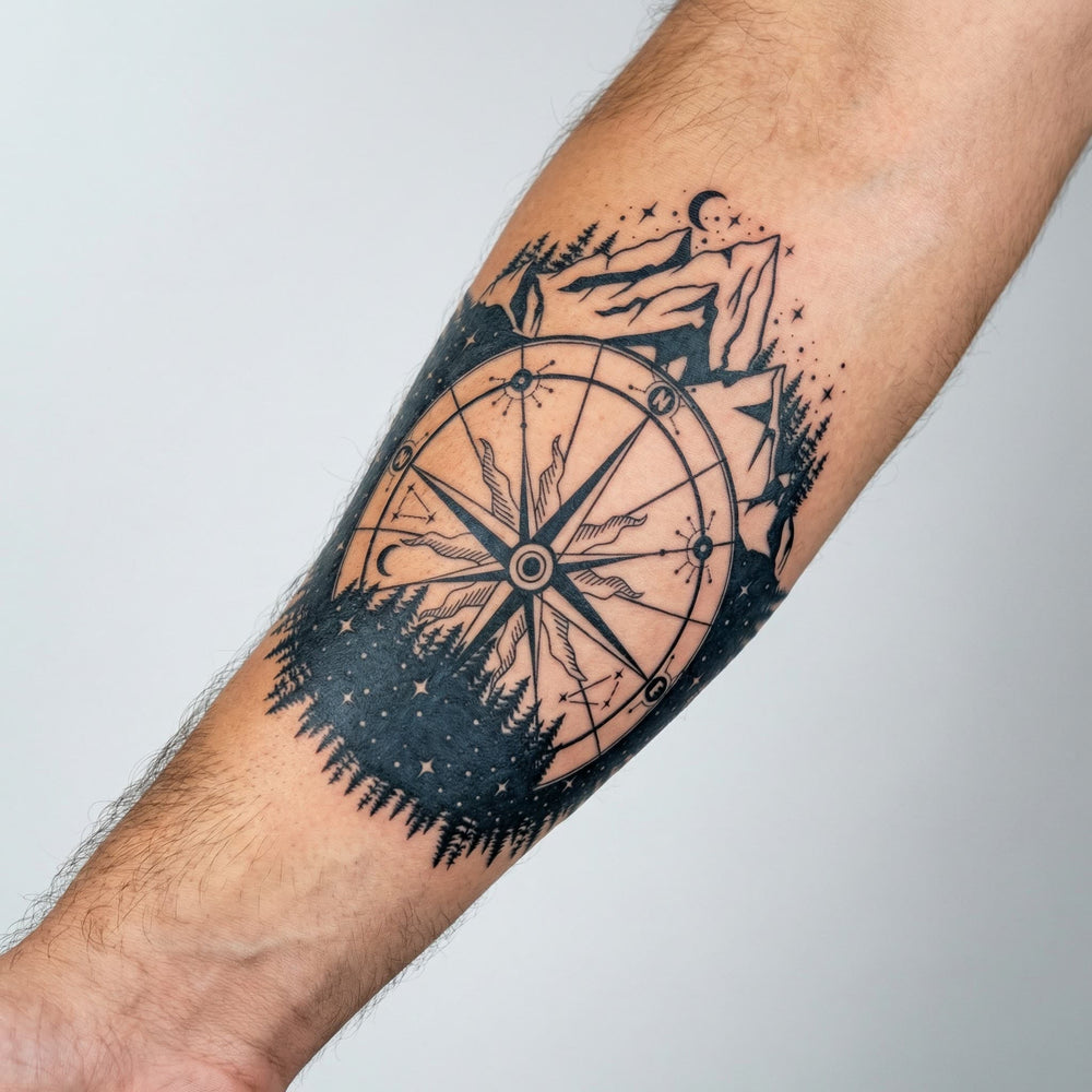 Tatouage ephemere homme boussole avec montagne ultra réaliste